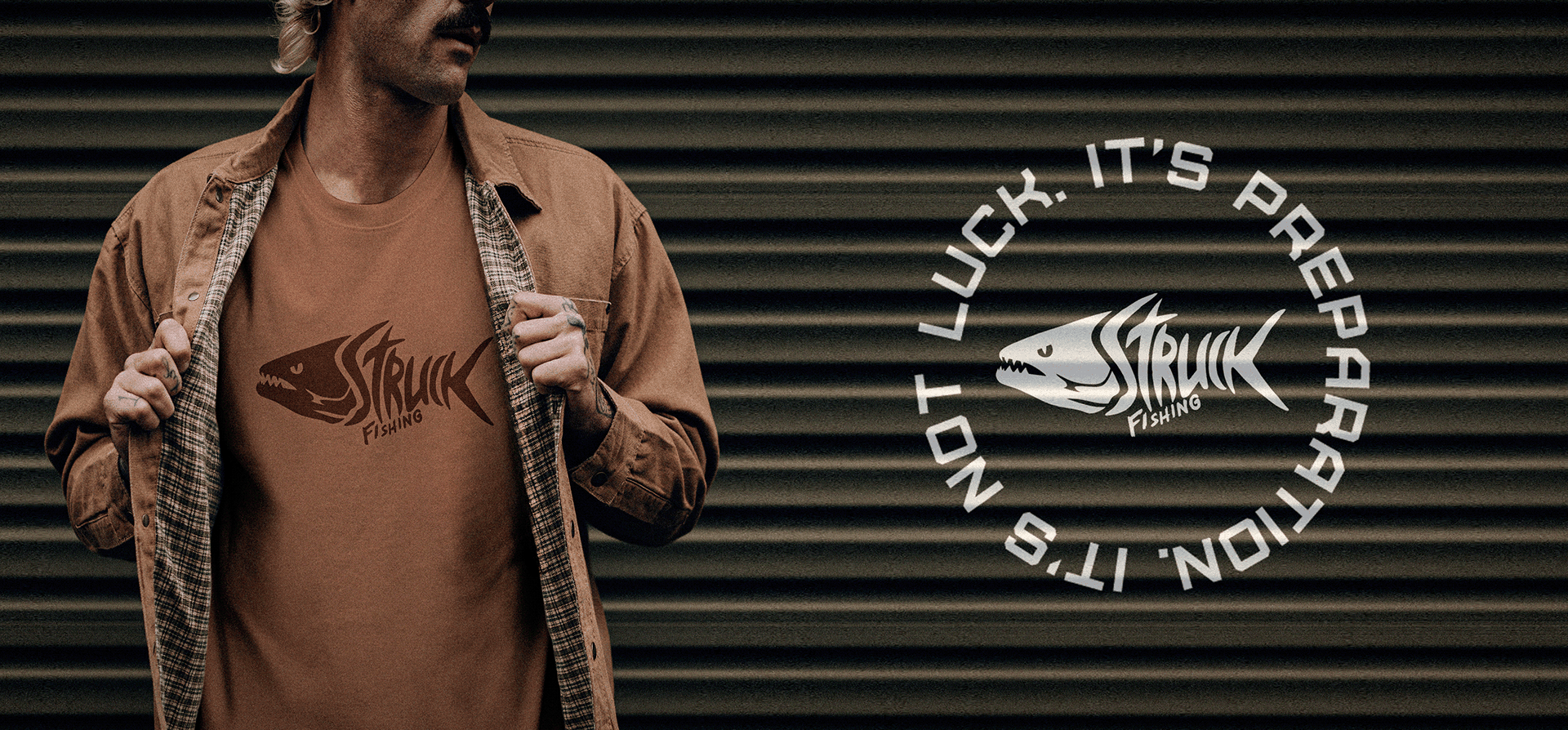Modelo masculino usando camiseta com logotipo Struck Fishing — lifestyle outdoor da marca esportiva de pesca
