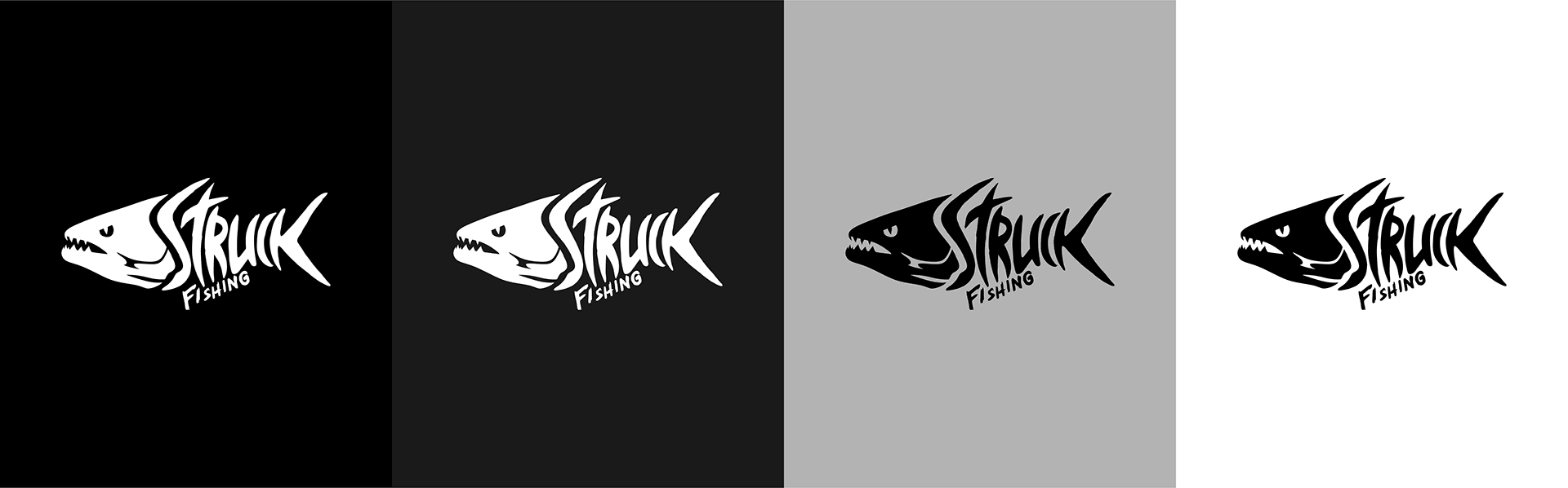 Variações do logotipo Struck Fishing em preto sobre fundo branco e em cinza sobre fundo branco, demonstrando versatilidade da marca